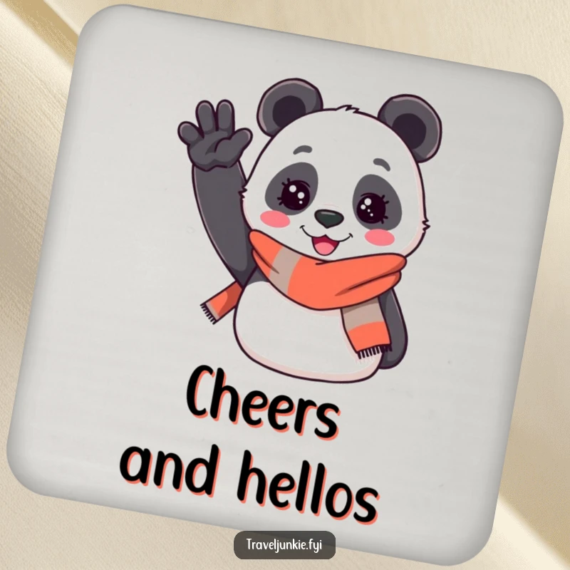 Funny coasters: a cheerful panda wearing a travel scarf enthusiastically waves hello, protecting surfaces with friendly humor.