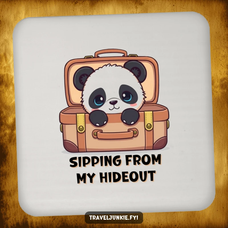 Funny panda coasters, set of drink coasters with a curious character peeking from a suitcase, a humorous gift.