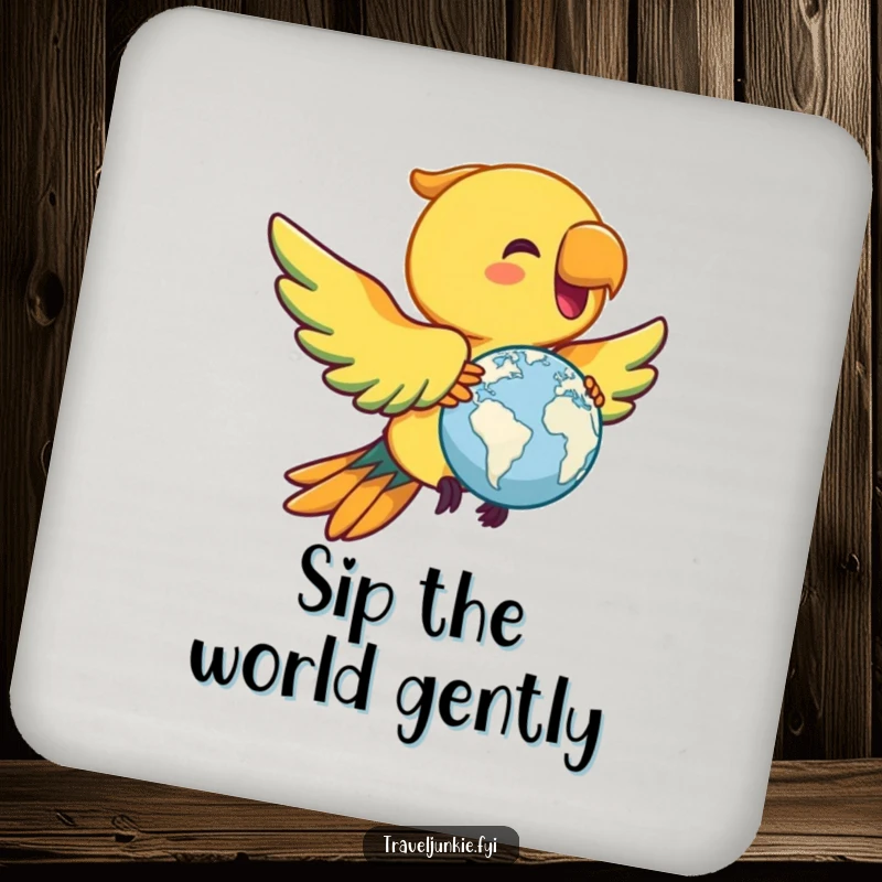 Funny parrot coasters, set of drink coasters with a joyful bird flying with a miniature globe, a humorous gift.
