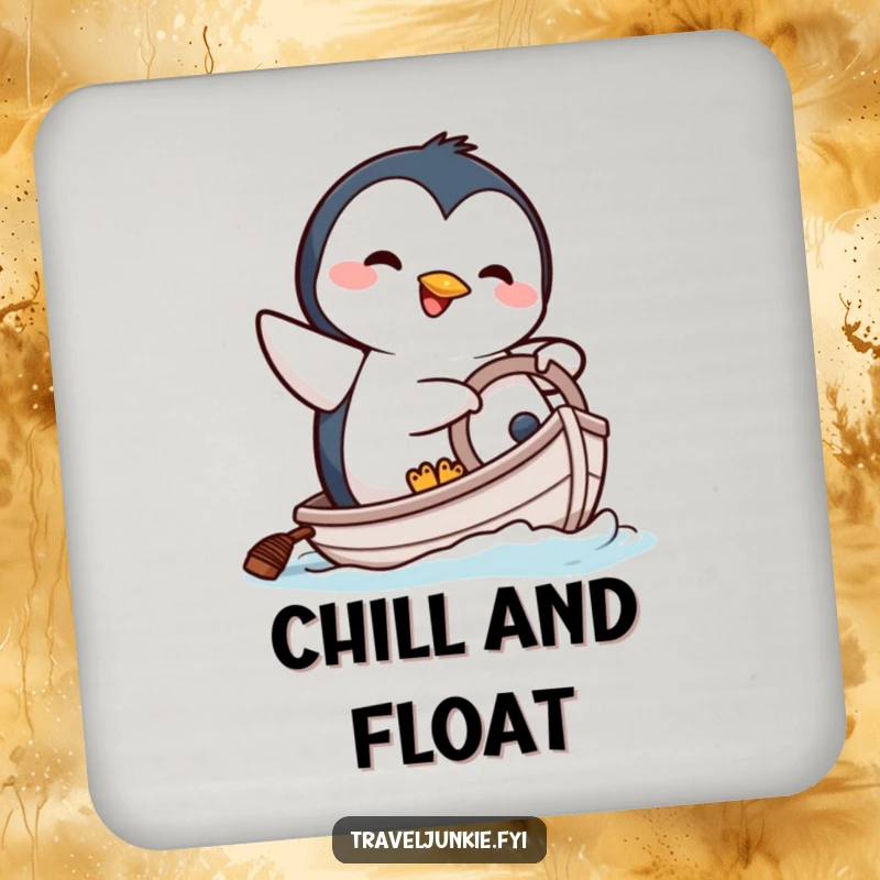 Funny drink coasters with a happy penguin character comically attempting to steer a tiny boat, protecting surfaces.