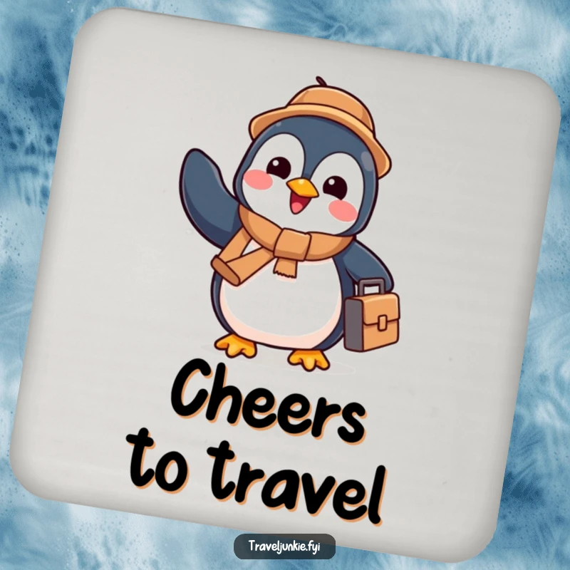 Funny penguin with a suitcase waving goodbye, stylish coaster, perfect humorous gift for table protection.