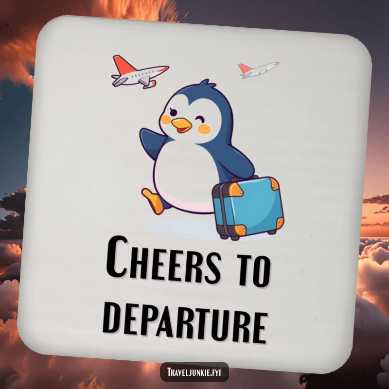 Funny penguin character with a suitcase waddling towards a plane, featured on a protective drink coaster.