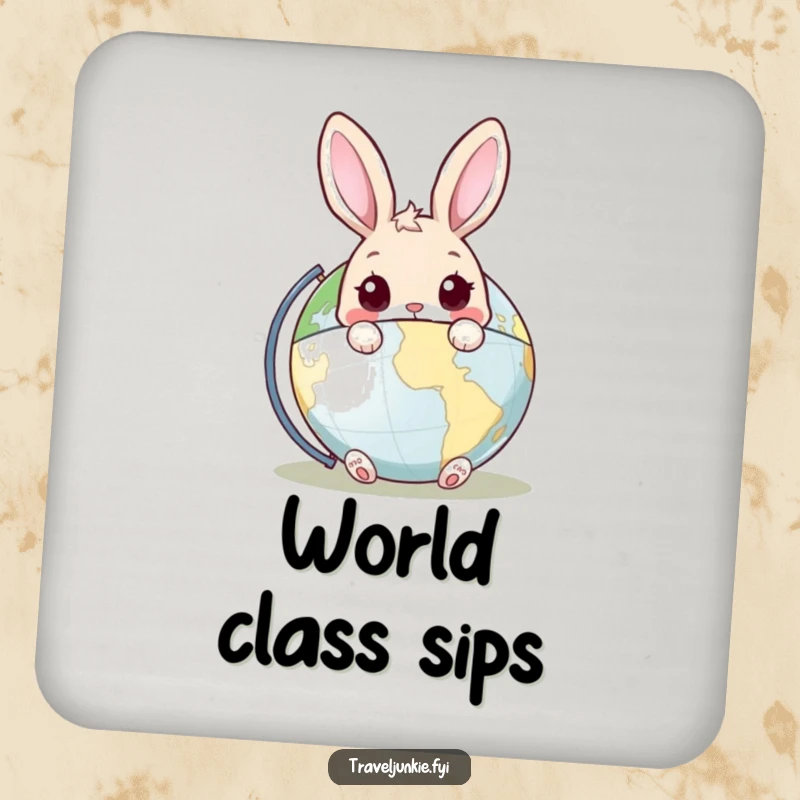 Funny Rabbit Drink Coaster: A charming coaster featuring a curious rabbit peeking out from behind a world globe, perfect for travelers.