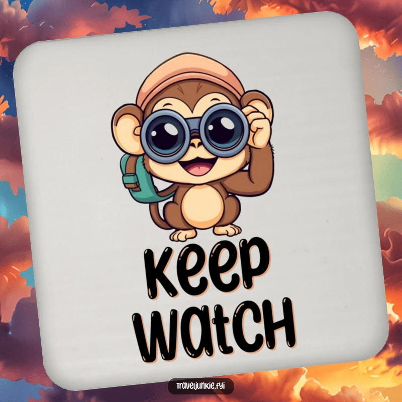 Funny Monkey Traveler Coasters: A set of coasters featuring a curious monkey traveler, protecting surfaces with humor, a funny gift.