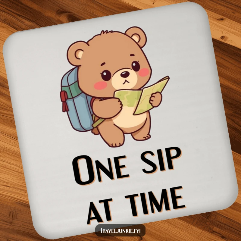 Funny bear drink coaster featuring a determined character with a backpack and map, offering humorous protection for surfaces.