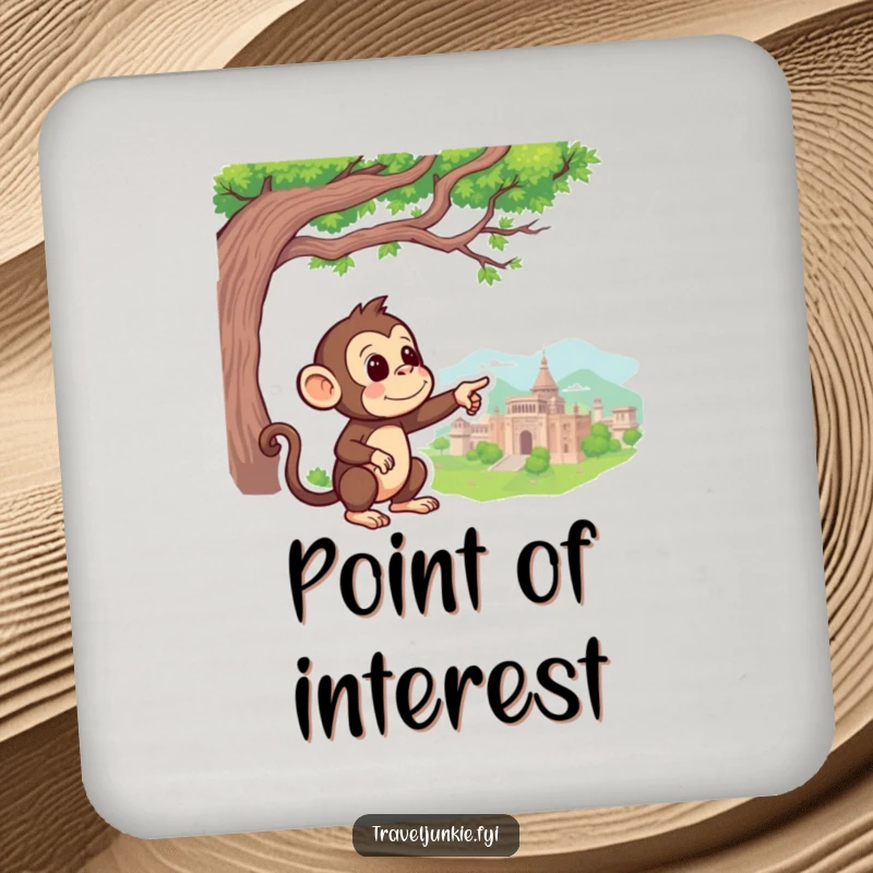 Funny Monkey Coaster: A curious monkey points at a faraway landmark, offering humorous and adventurous protection for your drinks.