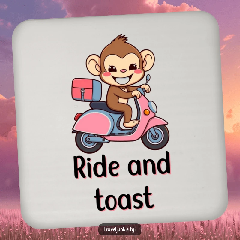 Funny beaming monkey riding a suitcase like a scooter on drink coasters, adding humorous protection.