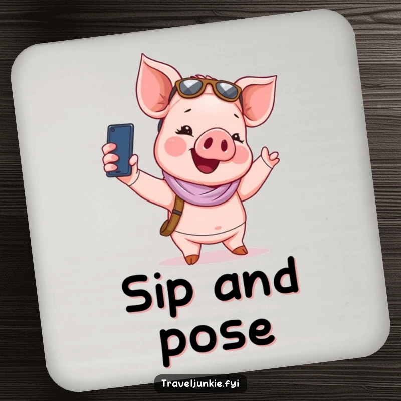 Funny Coaster: A giggling piglet tourist takes a selfie, adding humor to drink protection.
