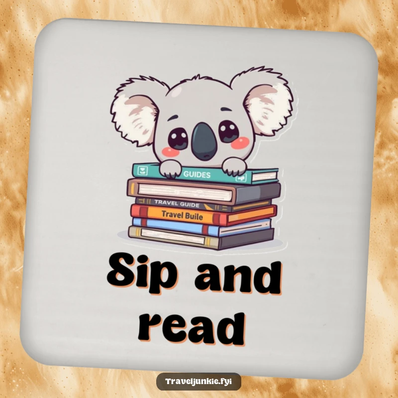 Funny koala character peeking from travel guides with big eyes, featured on a protective drink coaster.
