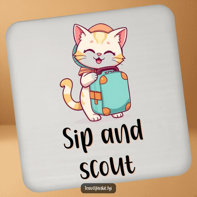 Funny drink coasters with a playful cat character eagerly packing a travel bag, protecting surfaces.