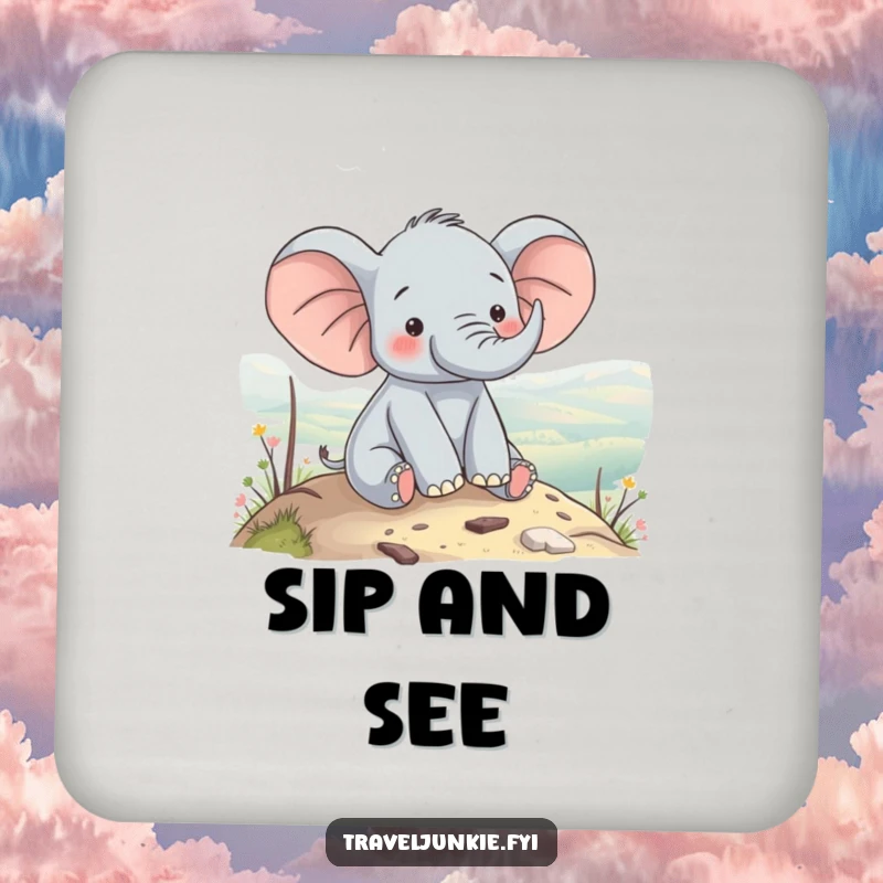 Funny elephant character enjoying a scenic view from a hilltop, a humorous design for protecting surfaces, a funny gift coaster.
