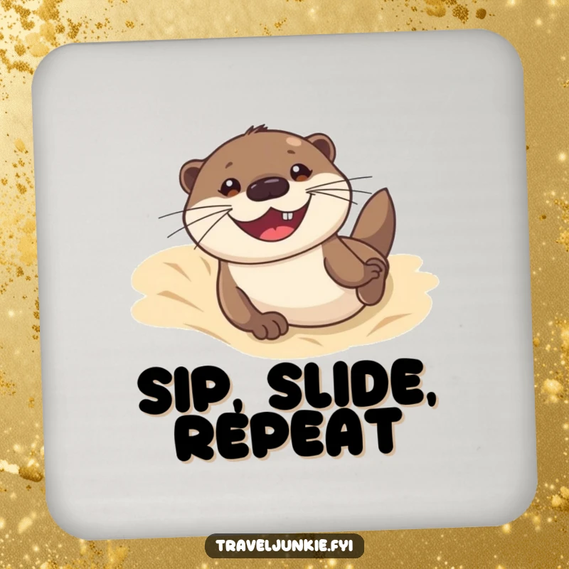 Funny drink coaster featuring an otter sliding down a sand dune with a grin, providing surface protection with a humorous, beach-themed design.
