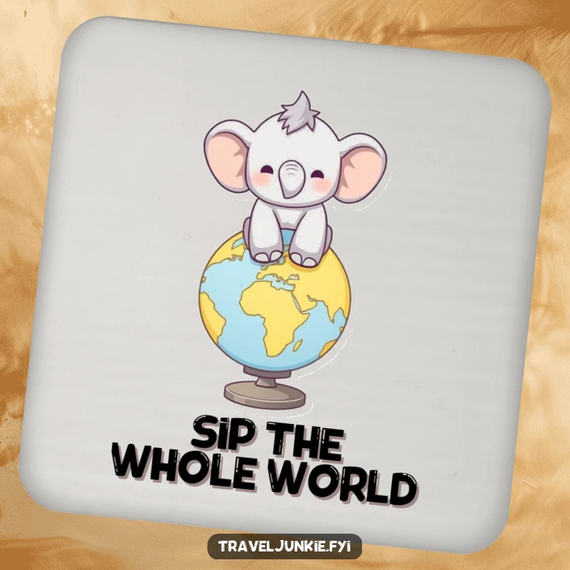 Funny Elephant Globe Coaster: Coaster with a calf balancing on a globe, adding global humor to drink protection, funny gift.