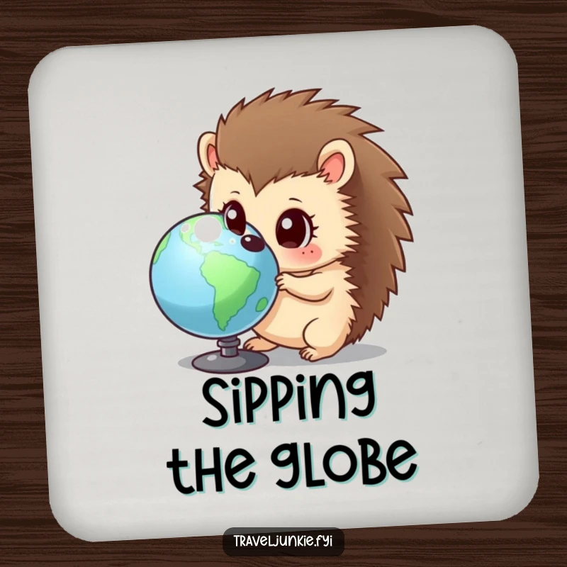 Funny hedgehog drink coaster featuring a curious character examining a globe, adding humorous wonder to beverage settings.