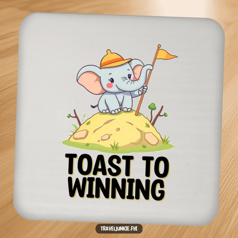 Funny Elephant Explorer Coasters: A set featuring a joyful elephant planting a flag, protecting surfaces with humor, a funny gift.