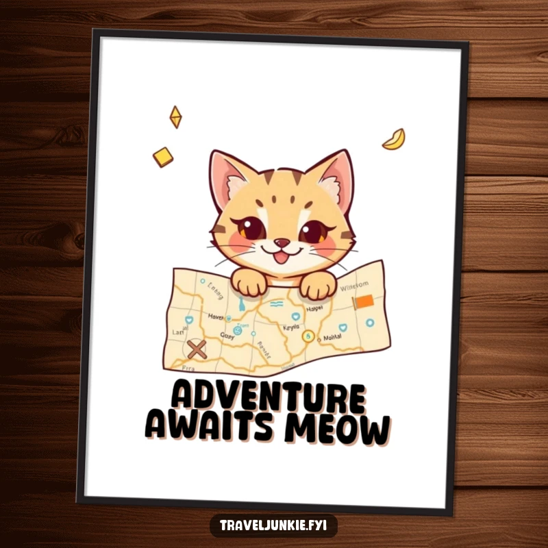 Funny cat poster showcasing a mischievous character peeking from a travel map, inspiring wanderlust and adding humorous art.