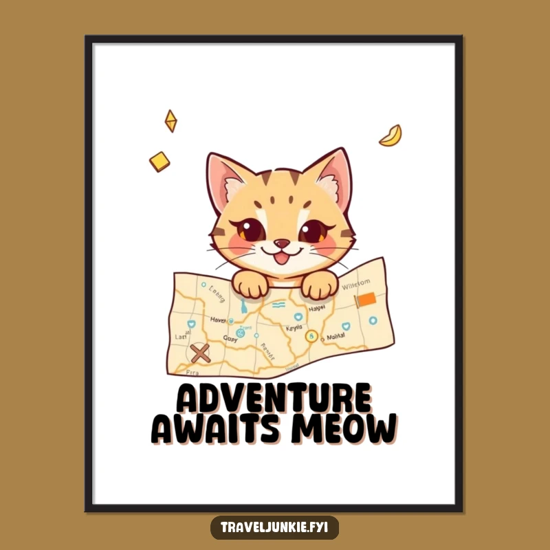 Funny Cat Art Print: Mischievous Map Character 'Wanderlust' Poster