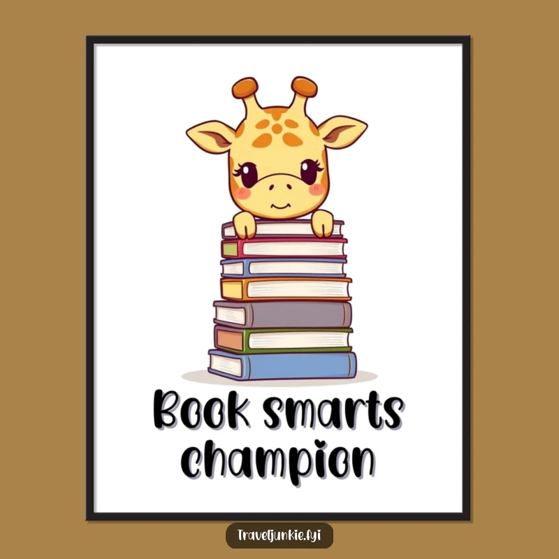Funny Giraffe Book Stack Poster - Smiling Scholar Wall Art Gift
