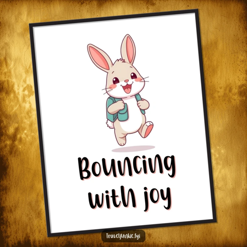 Funny bunny character bouncing excitedly with a tiny backpack and a grin, a humorous and inspiring poster.