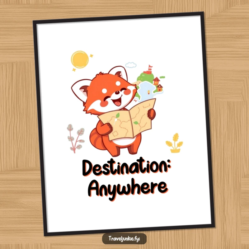 Funny Red Panda Poster: A happy red panda holds a map and points enthusiastically ahead to an unknown destination, inspiring travel.