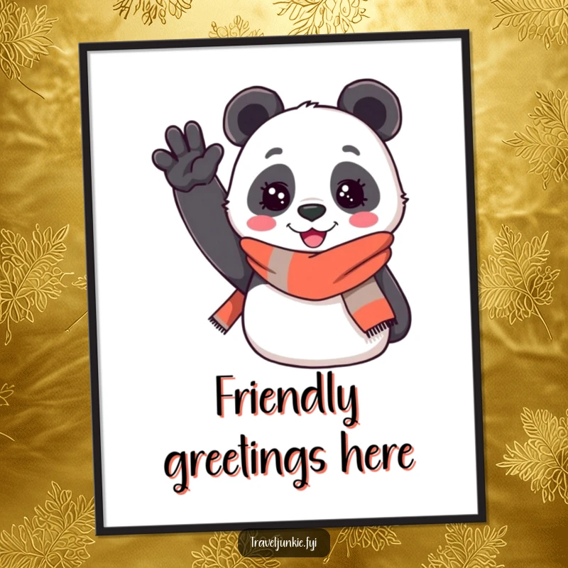 Funny poster: a cheerful panda wearing a travel scarf enthusiastically waves hello, bringing friendly and humorous greetings to walls.