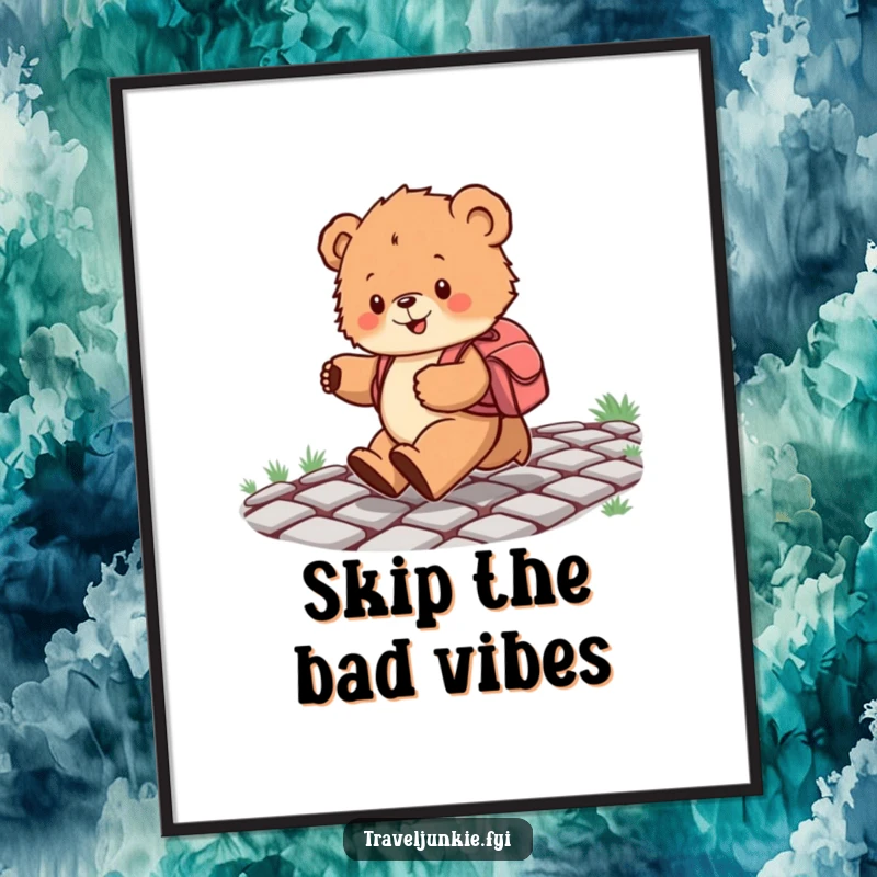 Funny poster showing a bear cub with a backpack joyfully skipping on a cobblestone path, perfect for adding cheerful, adventurous decor.