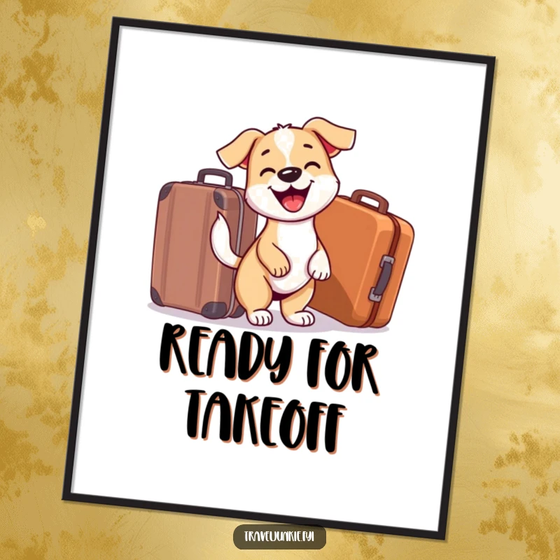 Funny Dog Poster: A happy dog with its tail wagging near a suitcase, expressing pure excitement for travel and new experiences.