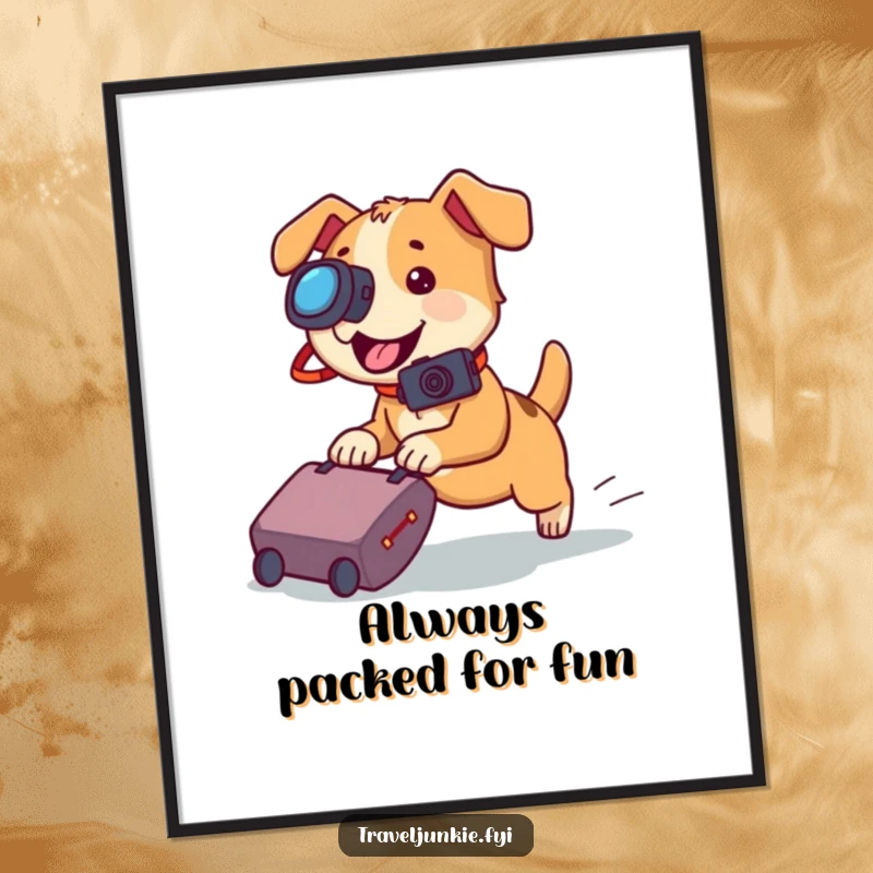 Funny dog poster, a playful puppy wearing a camera, chasing a rolling suitcase, a humorous piece of wall art.