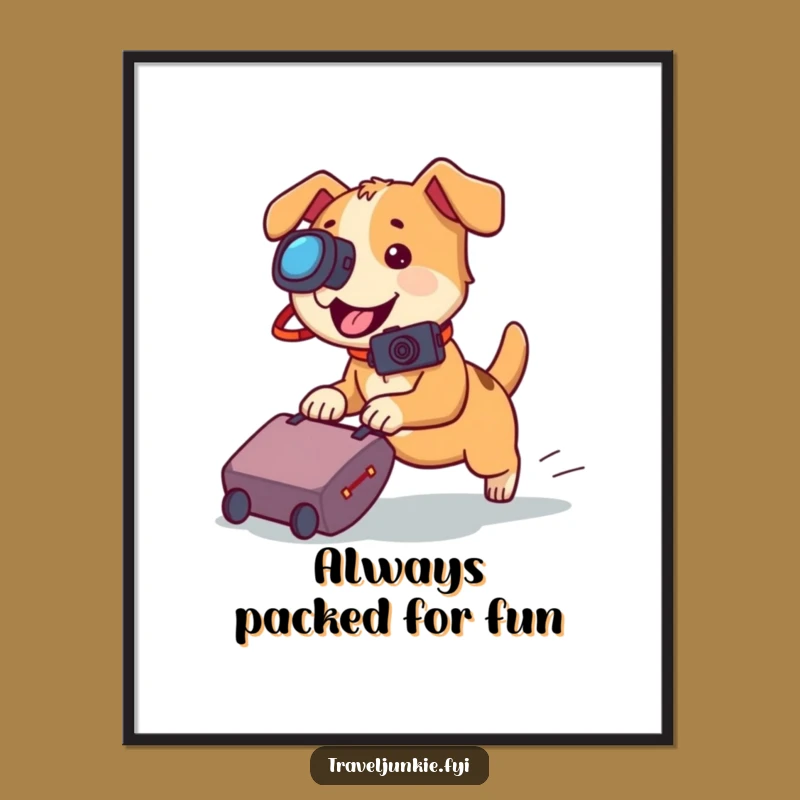 Funny Dog Camera Poster: Playful Suitcase Chase Wall Art for Dog Lovers