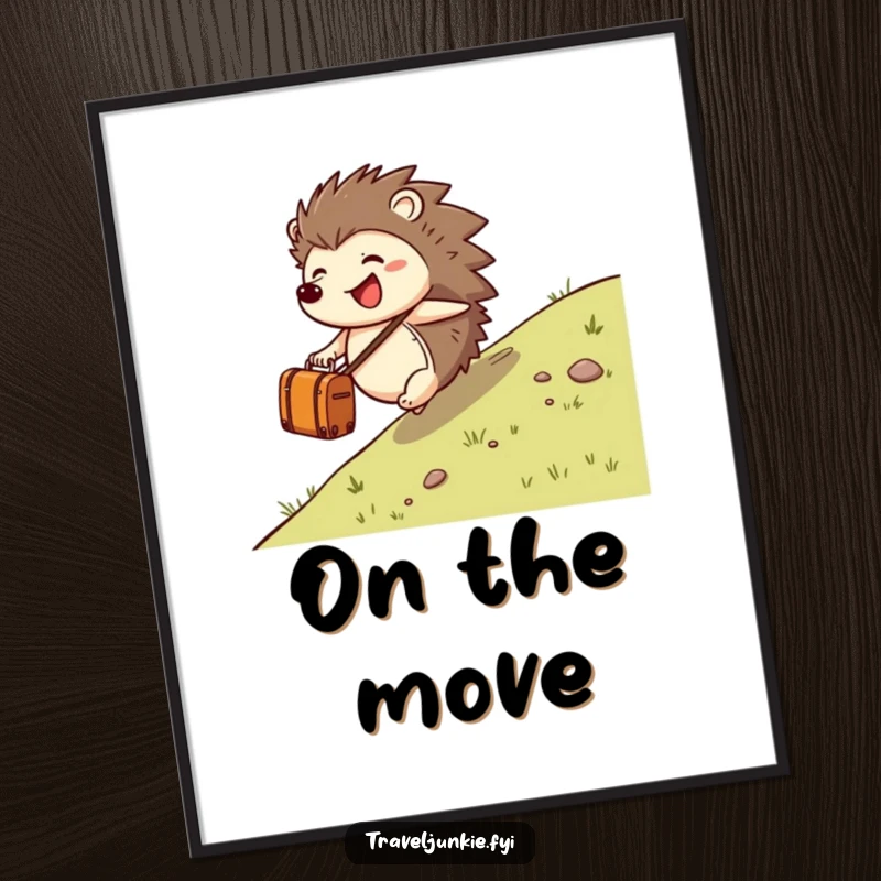Funny hedgehog character rolling down a hill with a small suitcase, perfect for wall art and adding joy.