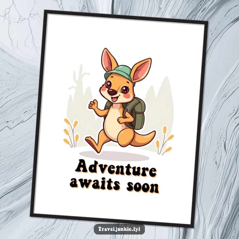 Funny Poster: A cheerful kangaroo explorer hops with a backpack, showcasing a fun and adventurous spirit.