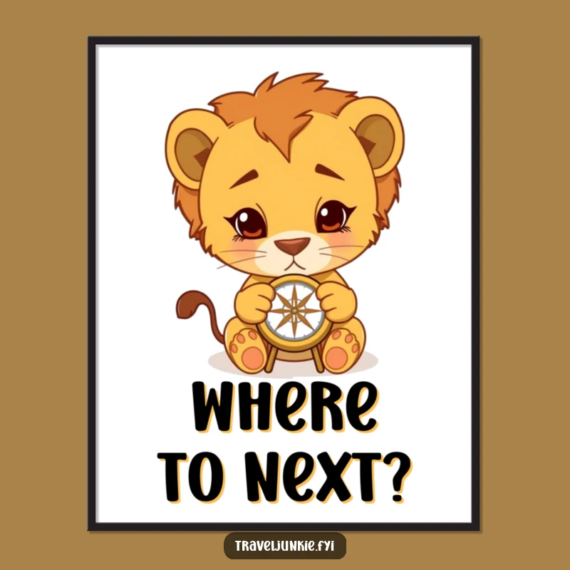 Funny Lion Cub Compass Poster: Hilarious Art for Adventurous Walls