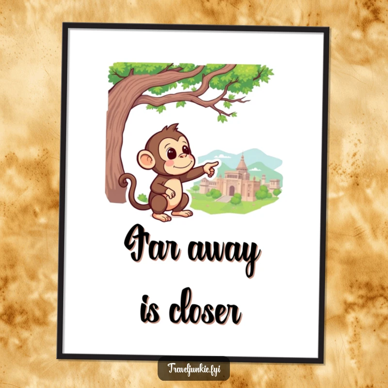 Funny Monkey Poster: A curious monkey points towards a faraway landmark, creating a piece of art that inspires adventure.