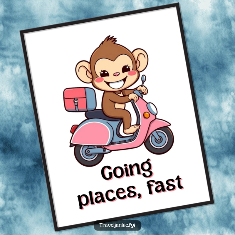 Funny beaming monkey riding a suitcase like a scooter, humorous poster art for travelers.