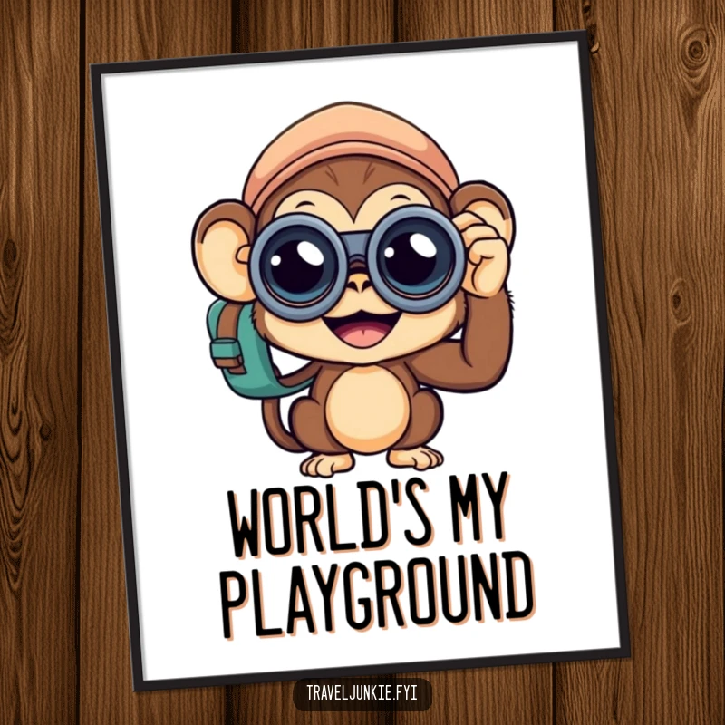 Funny Monkey Traveler Poster: A curious monkey with binoculars, gazing into the distance, perfect for a funny gift.