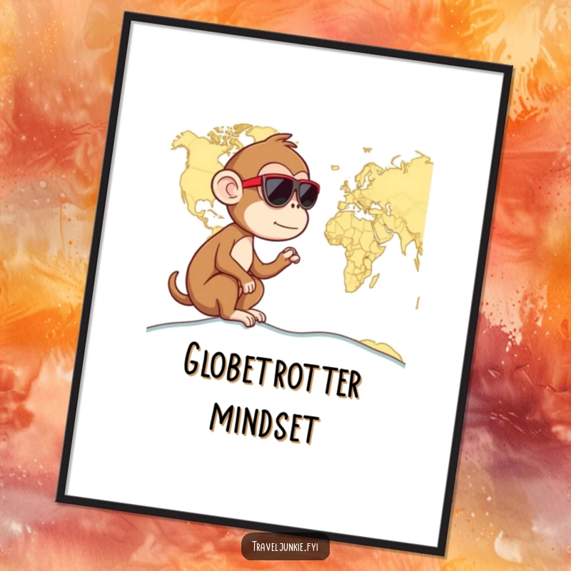 Funny monkey wearing sunglasses, examining a world map, cool and curious, perfect humorous wall art gift.