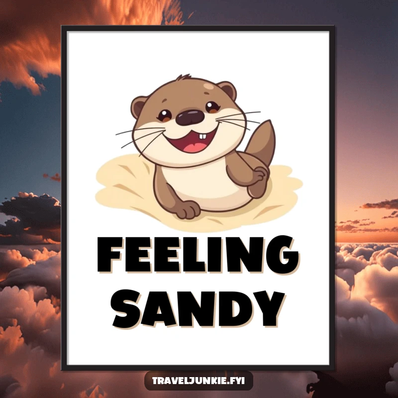 Funny poster featuring an otter joyfully sliding down a sand dune, perfect for adding beachy, humorous decor to any wall.