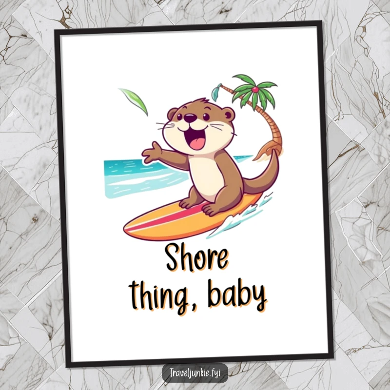 Funny Otter Poster: An excited otter gleefully rides a surfboard towards a tropical shore, capturing the essence of beach fun.