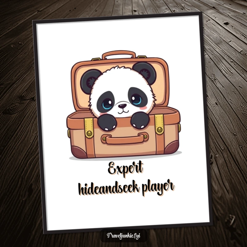 Funny panda poster, curious character peeking from a suitcase, perfect humorous wall art and a funny gift.
