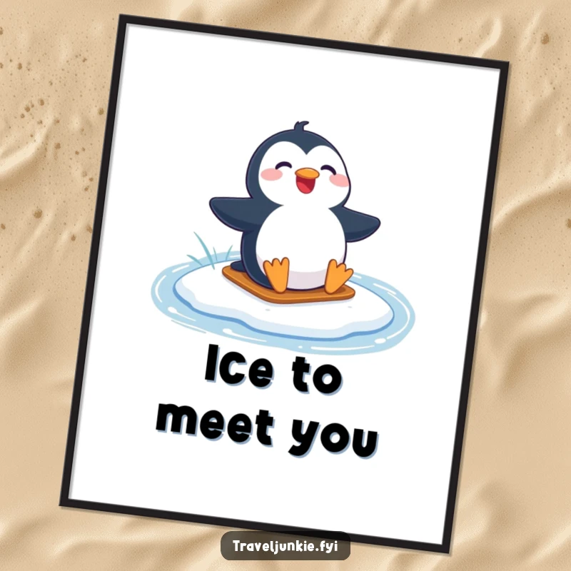 Funny poster showcasing a joyful penguin character sliding gleefully on a frozen lake, capturing a moment of winter bliss.
