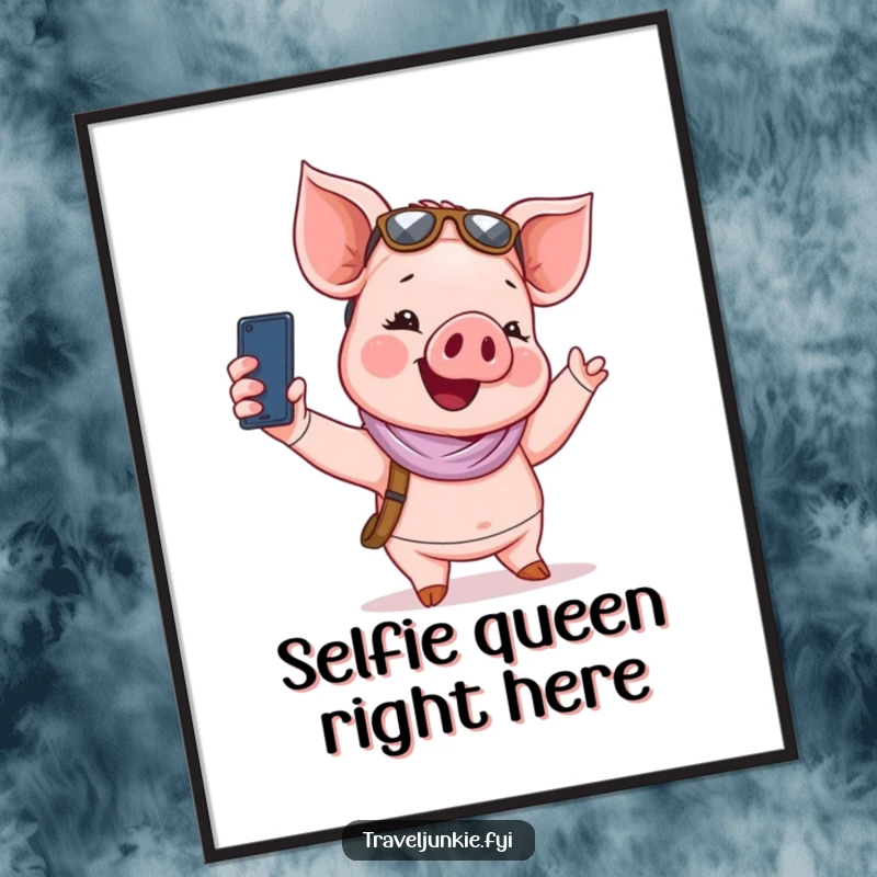 Funny Poster: A giggling piglet tourist poses for a funny selfie, capturing travel joy.