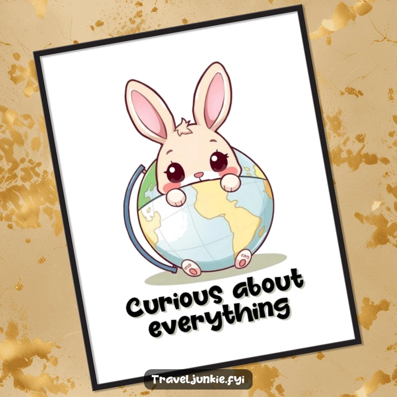 Funny Rabbit Globe Poster: Whimsical wall art of a curious rabbit peeking from behind a world globe, inspiring adventure and travel.