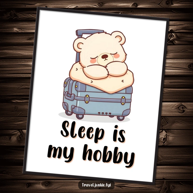 Funny sleepy bear cub snoozing, bundled on a rolling suitcase, adorable and humorous wall art for a cozy room.