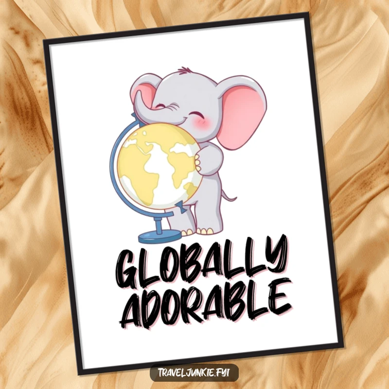 Funny Elephant World Traveler Poster: Artwork of a cheerful elephant beside a globe, inspiring travel and positivity.