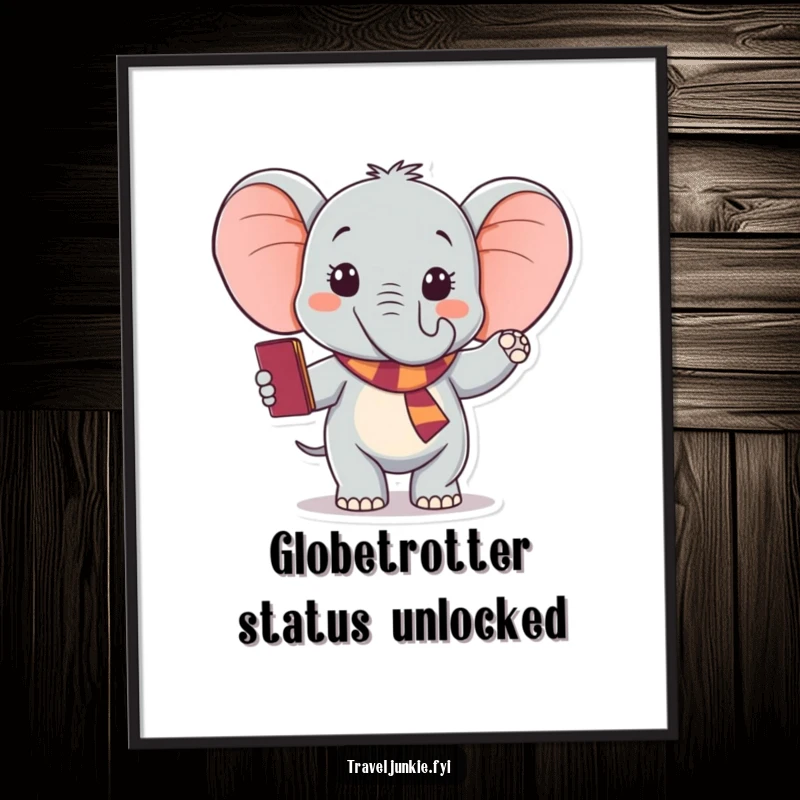 Funny elephant poster, excited traveler waving goodbye holding passport, perfect humorous wall art and a funny gift.