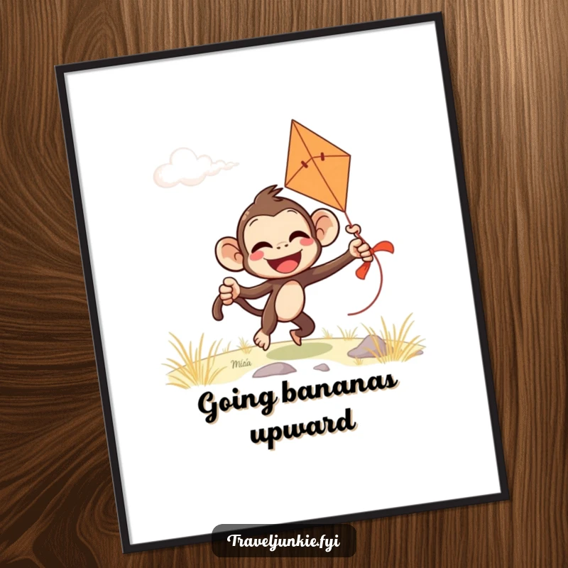 Funny monkey poster depicting a giggling character comically attempting to fly a kite on a windy day, bringing outdoor joy indoors.