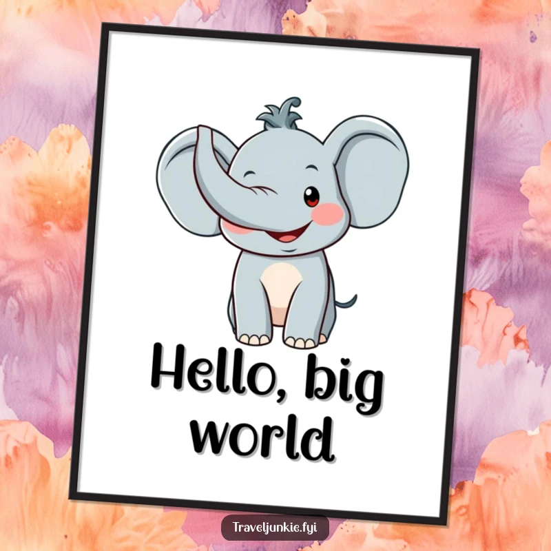 Funny Elephant Poster: Charming wall art of a smiling elephant character with its trunk raised high in a friendly, warm greeting.