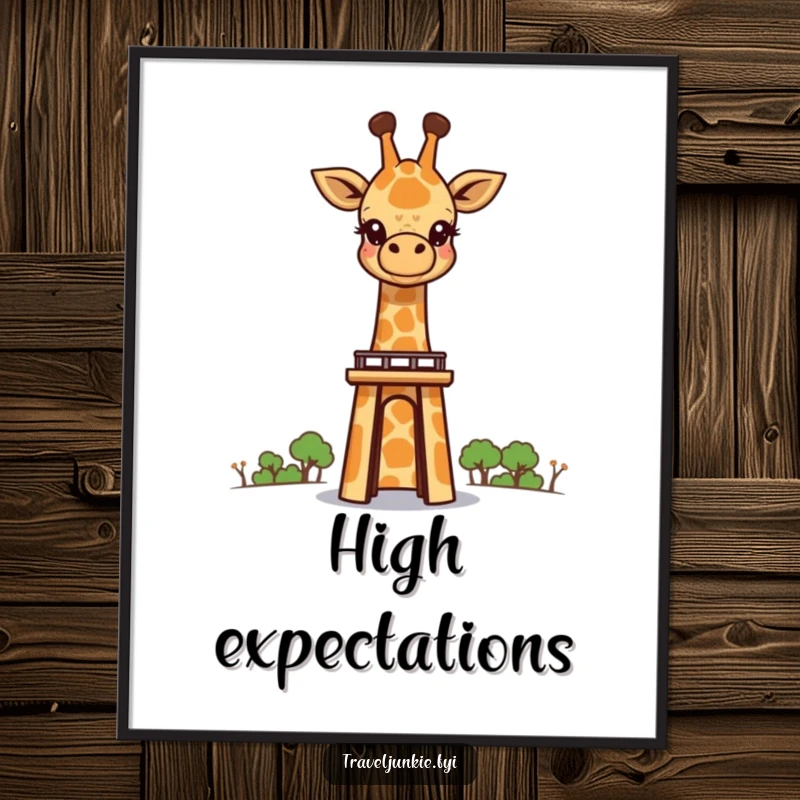 Funny giraffe character with wide eyes looking over a tall landmark, perfect for wall art and inspiring awe.