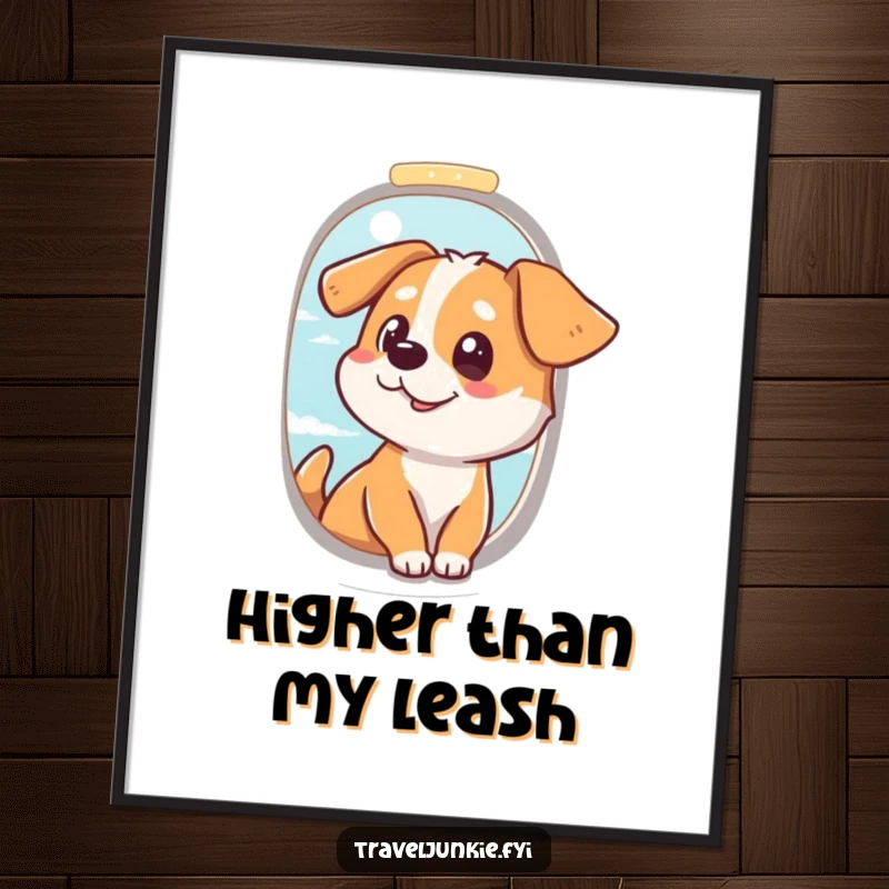 Funny Dog Window Poster: Animated dog looking out an airplane window, showcasing travel excitement, ideal funny gift for decor.