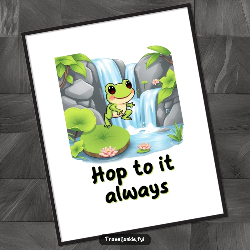 Funny frog character hopping onto a lily pad near a waterfall, creating a humorous and dynamic wetland scene for wall art.